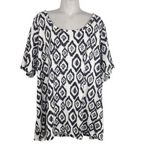 Denim & Co. Printed Interlock Short Sleeve Scoop Neck Top Black 2X Geometric